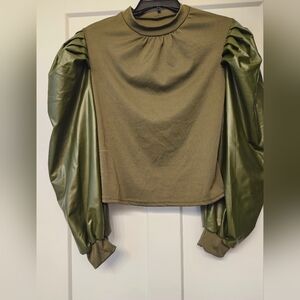 Olive Green Women's Blouse with Faux Leather Sleeves